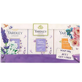 Yardley - London Ladies Luxury Soap - 3 Bars gift pack includes English Lavender and Imperial Sandalwood soaps with floral and butterfly designs, plus a "Buy 2 Get 1 Free" offer.